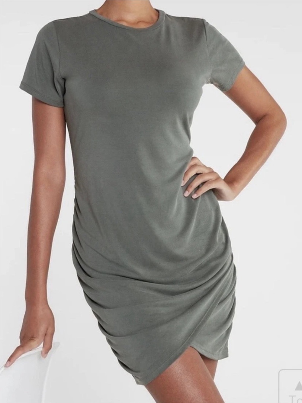 Express Green Ruched Bodycon Crew Sueded Knit Stretch Short Sleeve Tulip DressXS